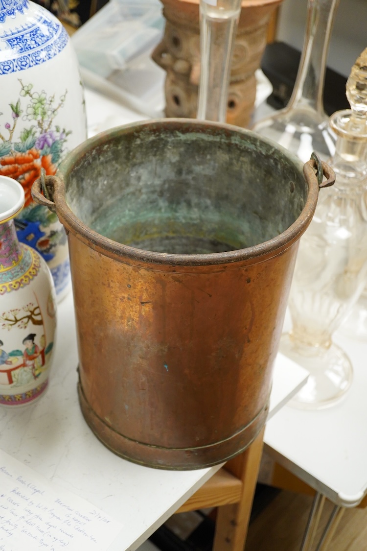 A French cylindrical copper log bucket, 35cm high
